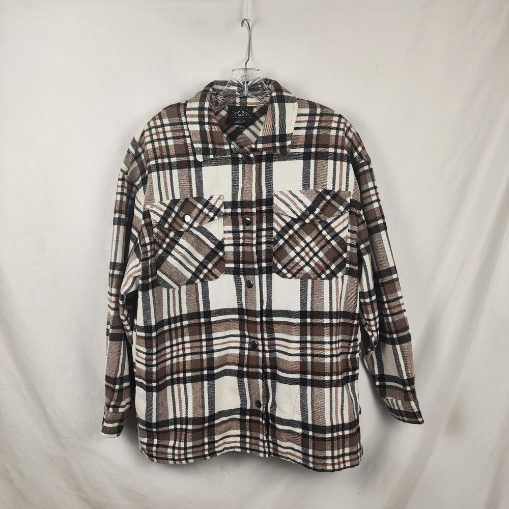 HFX Jacket Mens XS Brown Plaid Flannel Snap Front Shirt Shacket Pockets